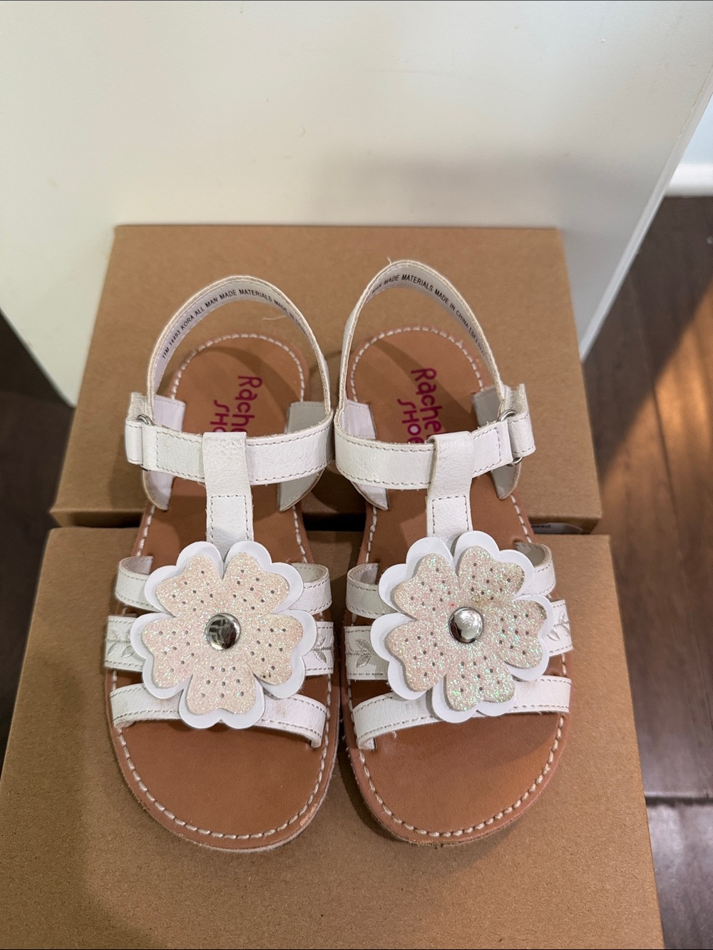 Rachel Shoes White Glitter Flower T-Strap Sandals with Jewel Accent
